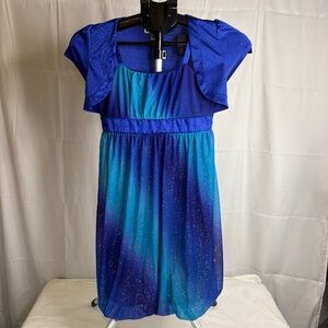 Vtg Amy’s Closet Girl Size 12 Blue Glittery A-Line Holiday Dress Attached Jacket